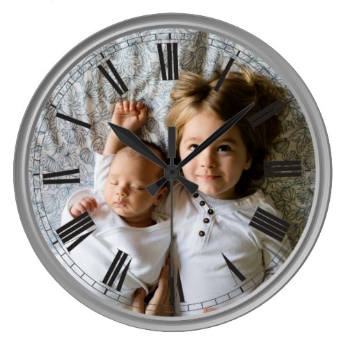 Create Your Custom Photo Grey Classy Elegant Large Clock - Decorative personalizable classical elegant clock design with your custom photo, image or logo.