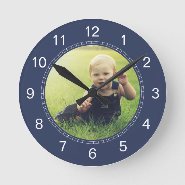 Create Your Custom Photo Modern Elegant Blue Round Clock (Front)