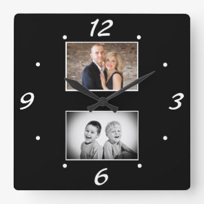 Create your Elegant Black White 2 Photo Collage Square Wall Clock