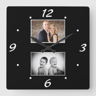 Create your Elegant Black White 2 Photo Collage Square Wall Clock