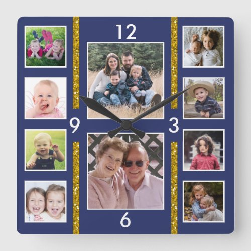 Create Your Own 10 Family Photo Collage Blue Square Wall Clock