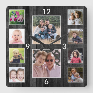 Create Your Own 10 Photo Collage Black Wood Square Wall Clock