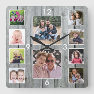 Create Your Own 10 Photo Collage Gray Wood Square Wall Clock