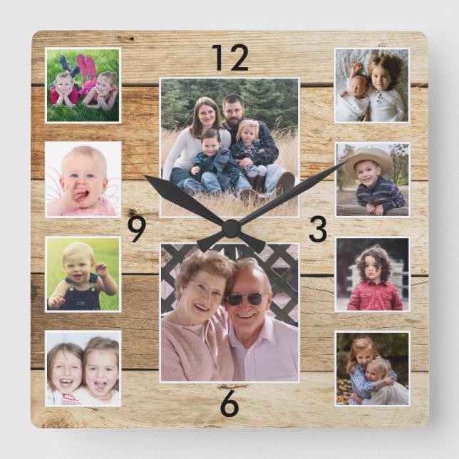 Create Your Own 10 Photo Collage Natural Wood Square Wall Clock (Front)