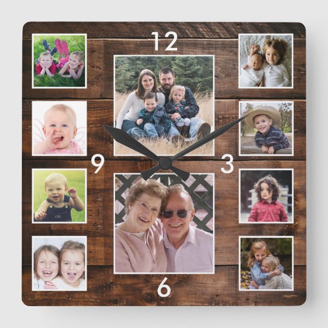 Create Your Own 10 Photo Collage Reclaimed Wood Square Wall Clock (Front)