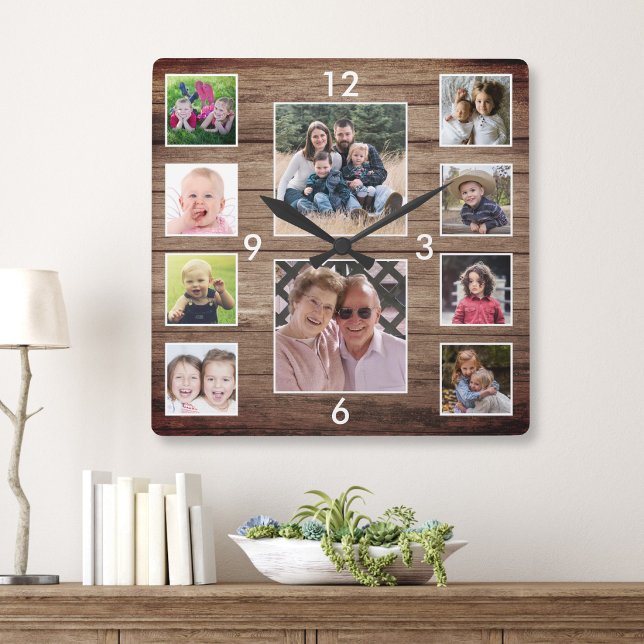 Create Your Own 10 Photo Collage Rustic Wood Square Wall Clock (Creator Uploaded)