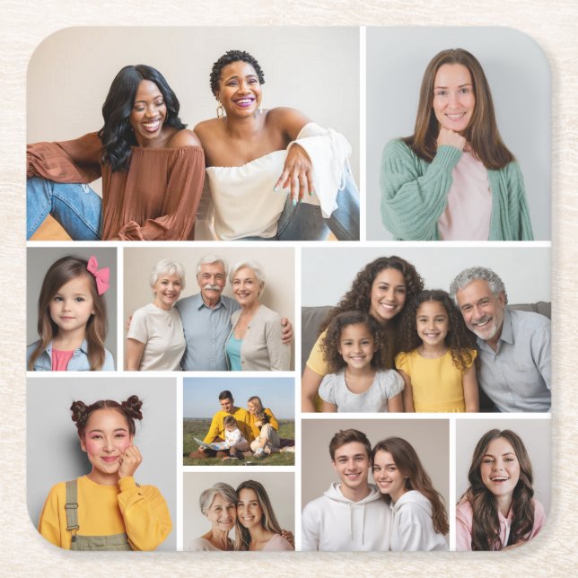 Create Your Own 10 Photo Collage Square Paper Coaster (Front)