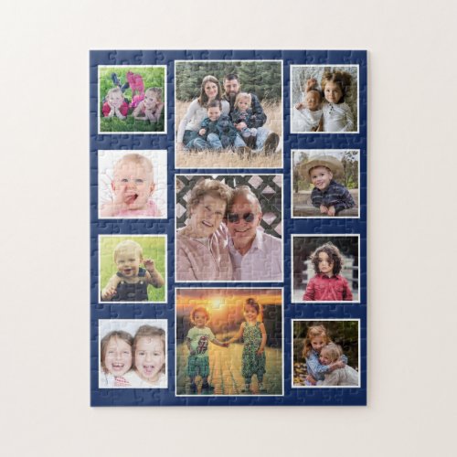 Create Your Own 11 Family Photo Collage Blue Jigsaw Puzzle