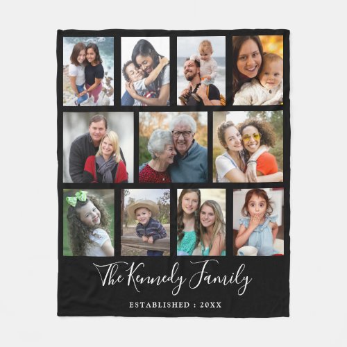 Create Your Own 11 Photo Collage Family Name Black Fleece Blanket