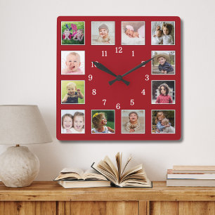 Create Your Own 12 Family Kids Photo Collage Red Square Wall Clock