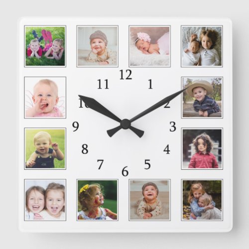 Create Your Own 12 Family Kids Photo Collage White Square Wall Clock