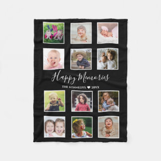 Create Your Own 12 Family Photo Collage Black Fleece Blanket