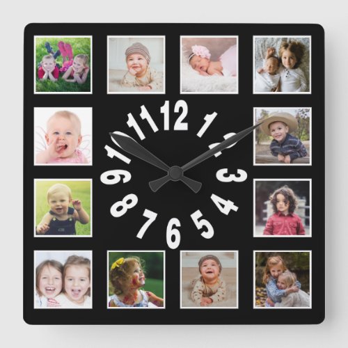 Create Your Own 12 Family Photo Collage Black Square Wall Clock