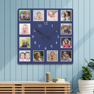 Create Your Own 12 Family Photo Collage Blue Square Wall Clock