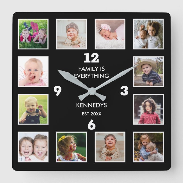 Create Your Own 12 Family Photo Collage Frame   Square Wall Clock (Front)