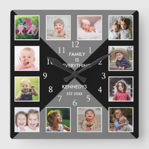 Create Your Own 12 Family Photo Collage Gray Black Square Wall Clock