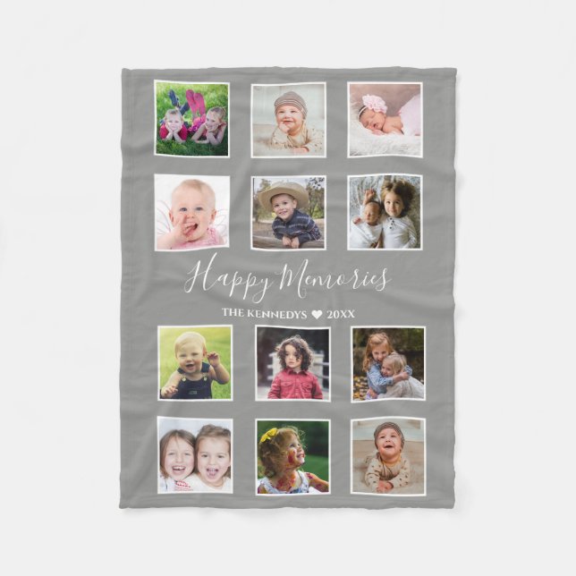 Create Your Own 12 Family Photo Collage Gray Fleece Blanket (Front)