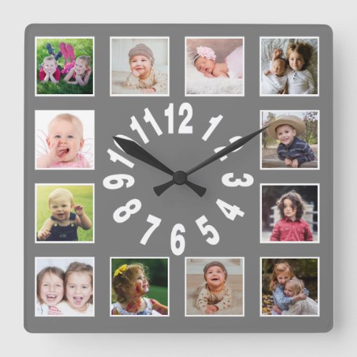 Create Your Own 12 Family Photo Collage Gray Square Wall Clock