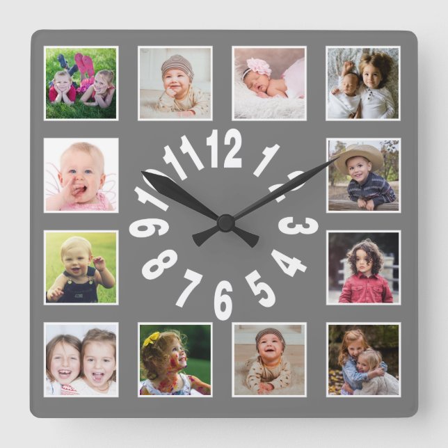Create Your Own 12 Family Photo Collage Gray Square Wall Clock (Front)
