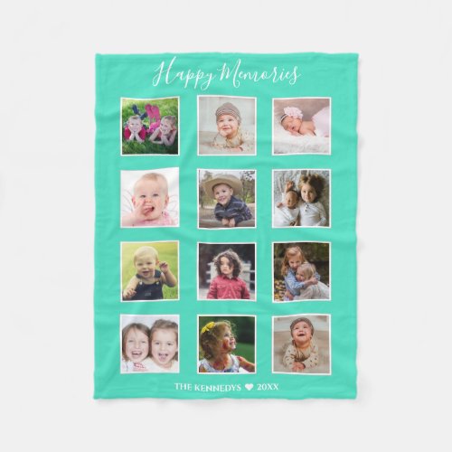 Create Your Own 12 Family Photo Collage Green Fleece Blanket