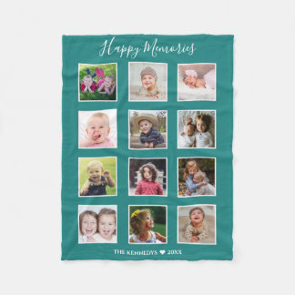 Create Your Own 12 Family Photo Collage Green Fleece Blanket