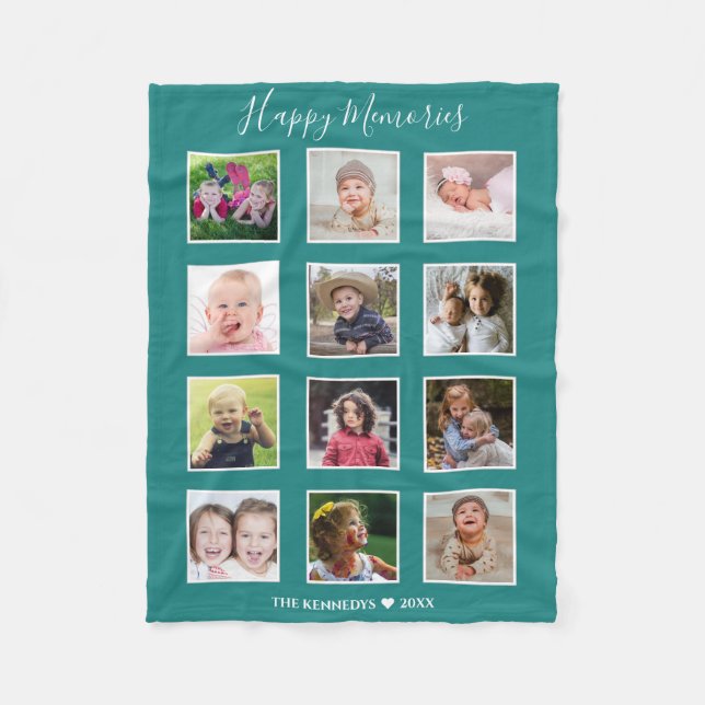 Create Your Own 12 Family Photo Collage Green Fleece Blanket (Front)