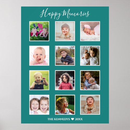 Create Your Own 12 Family Photo Collage Green Poster