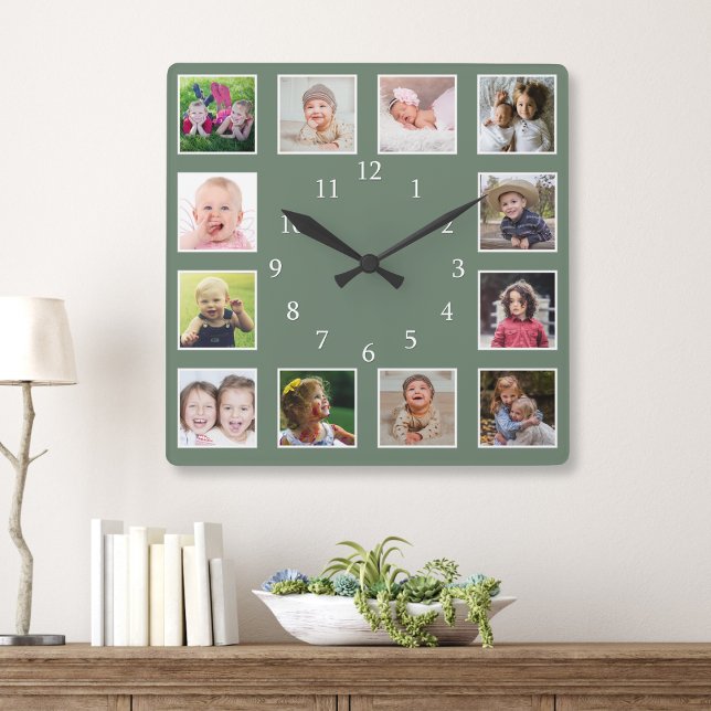 Create Your Own 12 Family Photo Collage  Green  Square Wall Clock (Creator Uploaded)