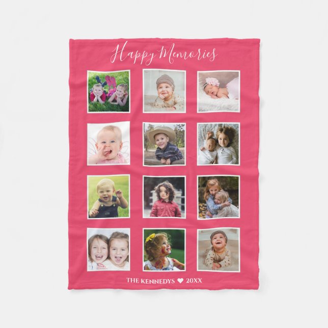 Create Your Own 12 Family Photo Collage Pink Fleece Blanket (Front)