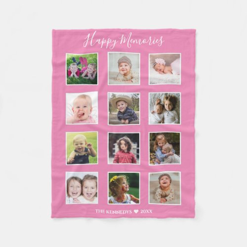 Create Your Own 12 Family Photo Collage Pink Fleece Blanket