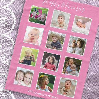 Create Your Own 12 Family Photo Collage Pink Fleece Blanket