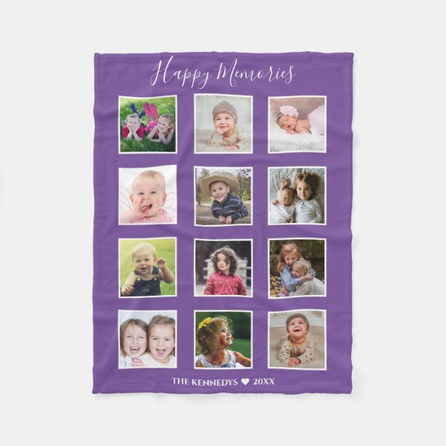 Create Your Own 12 Family Photo Collage Purple Fleece Blanket (Front)
