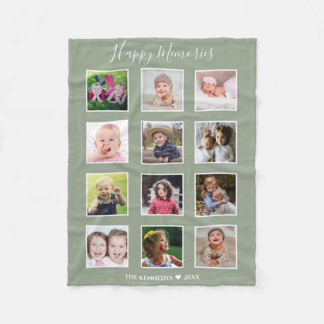 Create Your Own 12 Family Photo Collage Sage Green Fleece Blanket (Front)