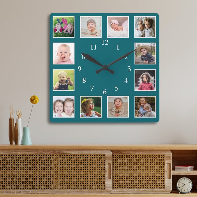 Create Your Own 12 Family Photo Collage Teal Square Wall Clock (Creator Uploaded)