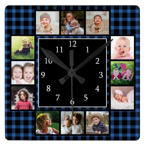 Create Your Own 12 Photo Collage Blue Plaid Square Wall Clock