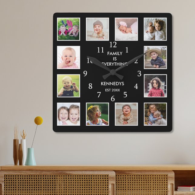 Create Your Own 12 Photo Collage Frame Black Square Wall Clock (Creator Uploaded)