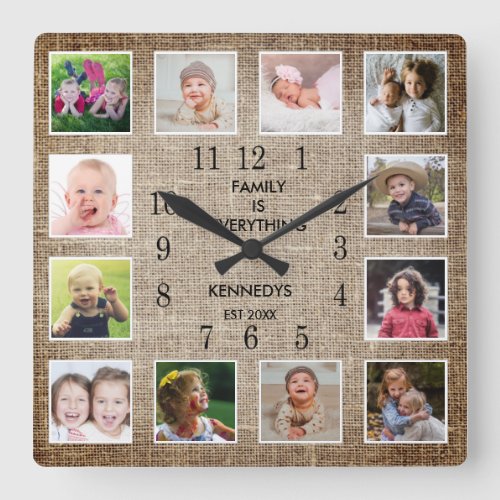 Create Your Own 12 Photo Collage Frame Burlap Square Wall Clock