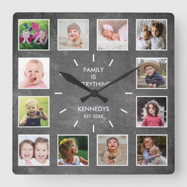 Create Your Own 12 Photo Collage Frame Chalkboard Square Wall Clock (Front)