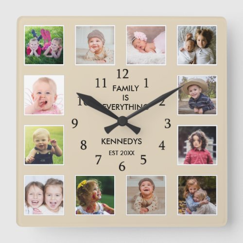 Create Your Own 12 Photo Collage Frame Family Name Square Wall Clock