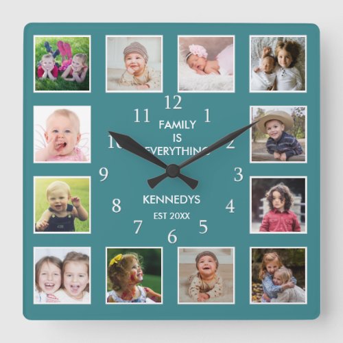 Create Your Own 12 Photo Collage Frame Green Square Wall Clock