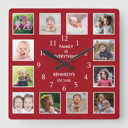 Create Your Own 12 Photo Collage Frame Red Square Wall Clock