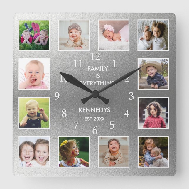 Create Your Own 12 Photo Collage Frame Silver Square Wall Clock (Front)