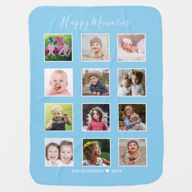 Create Your Own 12 Photo Collage Keepsake Blue Baby Blanket (Front)