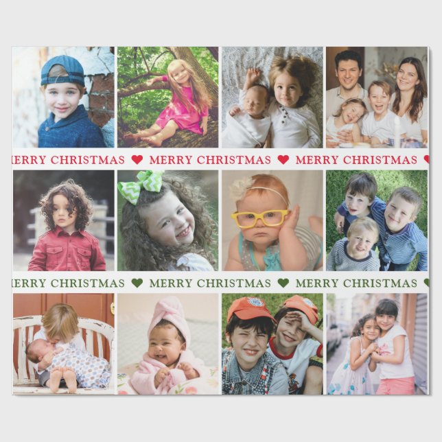 Create Your Own 12 Photo Collage Merry Christmas Wrapping Paper (Flat)
