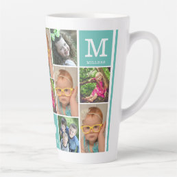 Create Your Own 12 Photo Collage Monogram Teal Latte Mug