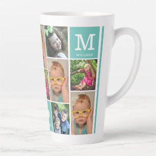 Create Your Own 12 Photo Collage Monogram Teal Latte Mug