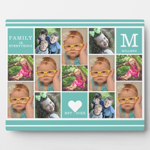 Create Your Own 12 Photo Collage Monogram Teal Plaque