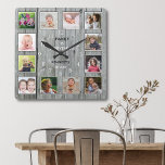 Create Your Own 12 Photo Collage Rustic Gray Wood Square Wall Clock<br><div class="desc">Create your own photo collage wall clock with 12 of your favorite pictures. The photo frame clock helps you treasure your special moments and also makes a thoughtful gift for parents, grandparents and friends. The personalized family clock makes it a perfect gift for all occasions. Personalize with family name and...</div>