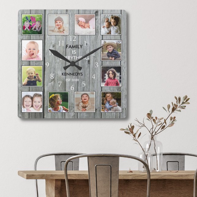 Create Your Own 12 Photo Collage Rustic Gray Wood Square Wall Clock (Creator Uploaded)