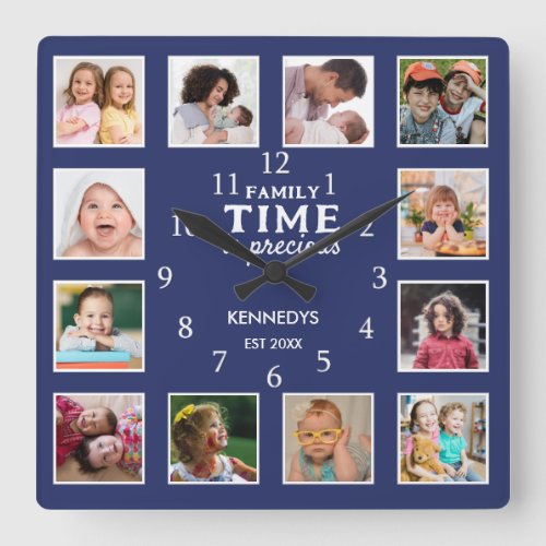 Create Your Own 12 Photo Family Time Quote Blue Square Wall Clock